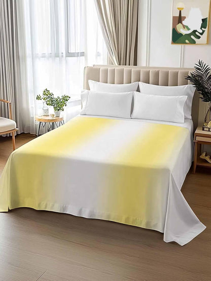 Lemon Yellow White Flat Bed Sheet Queen Size for Queen Mattress, Microfiber Bedding Top Sheets Deep Pocket for All Seasons, Gradient Vertical Stripes Geometric Soft & Breathable Hotel Quality