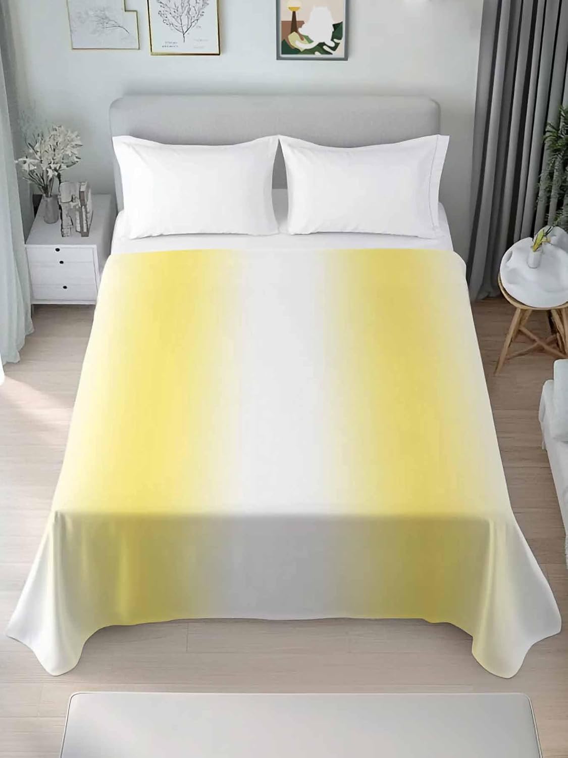 Lemon Yellow White Flat Bed Sheet Queen Size for Queen Mattress, Microfiber Bedding Top Sheets Deep Pocket for All Seasons, Gradient Vertical Stripes Geometric Soft & Breathable Hotel Quality