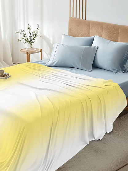 Lemon Yellow White Flat Bed Sheet Queen Size for Queen Mattress, Microfiber Bedding Top Sheets Deep Pocket for All Seasons, Gradient Vertical Stripes Geometric Soft & Breathable Hotel Quality