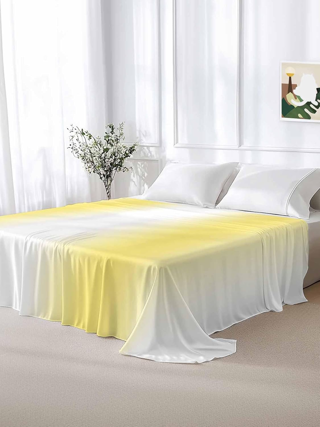 Lemon Yellow White Flat Bed Sheet Queen Size for Queen Mattress, Microfiber Bedding Top Sheets Deep Pocket for All Seasons, Gradient Vertical Stripes Geometric Soft & Breathable Hotel Quality
