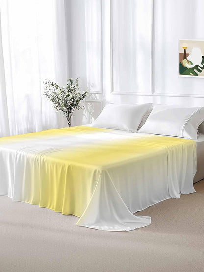 Lemon Yellow White Flat Bed Sheet Queen Size for Queen Mattress, Microfiber Bedding Top Sheets Deep Pocket for All Seasons, Gradient Vertical Stripes Geometric Soft & Breathable Hotel Quality