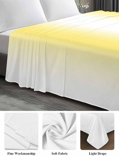 Lemon Yellow White Flat Bed Sheet Queen Size for Queen Mattress, Microfiber Bedding Top Sheets Deep Pocket for All Seasons, Gradient Vertical Stripes Geometric Soft & Breathable Hotel Quality