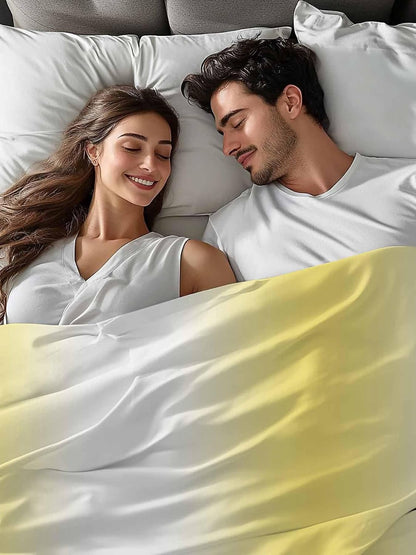 Lemon Yellow White Flat Bed Sheet Queen Size for Queen Mattress, Microfiber Bedding Top Sheets Deep Pocket for All Seasons, Gradient Vertical Stripes Geometric Soft & Breathable Hotel Quality