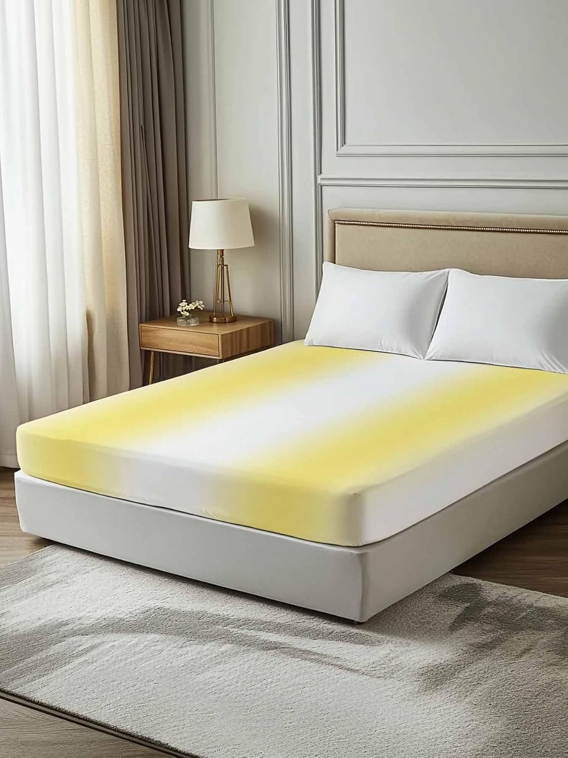 Lemon Yellow White Flat Bed Sheet Queen Size for Queen Mattress, Microfiber Bedding Top Sheets Deep Pocket for All Seasons, Gradient Vertical Stripes Geometric Soft & Breathable Hotel Quality