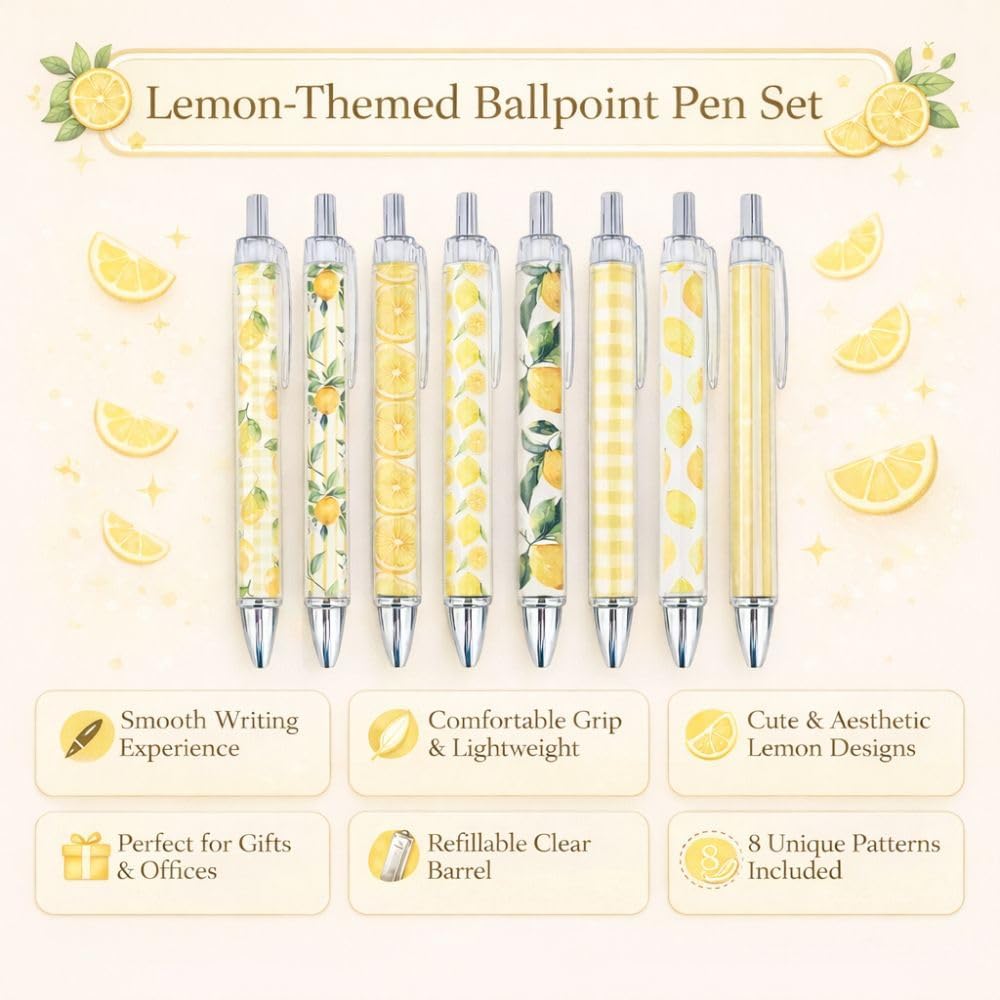 8PC Lemon Pens Kawaii Writing Gel Pen Summer Tropical Fruit Stationery Set Party Favors Decorations Office School Classroom Supplies Yellow Stuff Lemonade Themed Decor Bulk Gifts For Friends Coworkers