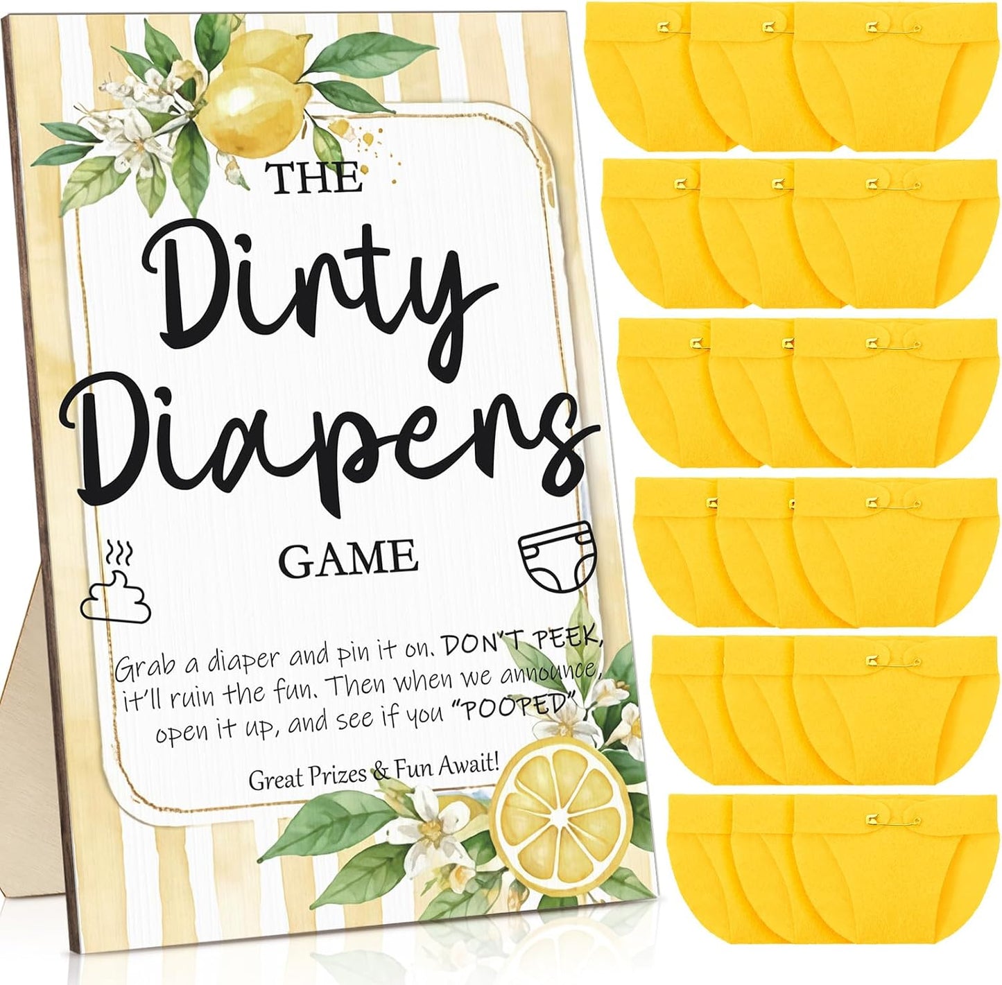 51 Pcs Dirty Diaper Baby Shower Games Funny Wooden Sign with 50 Pcs Mini Diapers Cute Felt for Gender Reveal Party Baby Shower (Lemon)
