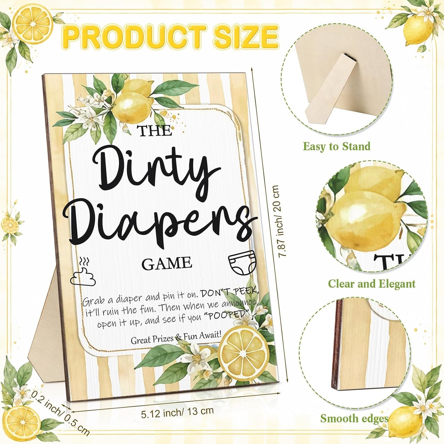 51 Pcs Dirty Diaper Baby Shower Games Funny Wooden Sign with 50 Pcs Mini Diapers Cute Felt for Gender Reveal Party Baby Shower (Lemon)