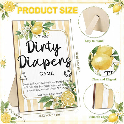 51 Pcs Dirty Diaper Baby Shower Games Funny Wooden Sign with 50 Pcs Mini Diapers Cute Felt for Gender Reveal Party Baby Shower (Lemon)