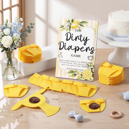 51 Pcs Dirty Diaper Baby Shower Games Funny Wooden Sign with 50 Pcs Mini Diapers Cute Felt for Gender Reveal Party Baby Shower (Lemon)