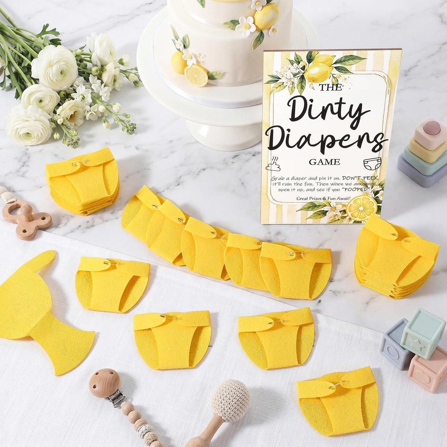 51 Pcs Dirty Diaper Baby Shower Games Funny Wooden Sign with 50 Pcs Mini Diapers Cute Felt for Gender Reveal Party Baby Shower (Lemon)