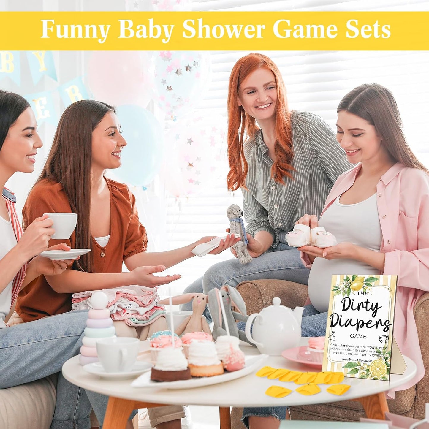 51 Pcs Dirty Diaper Baby Shower Games Funny Wooden Sign with 50 Pcs Mini Diapers Cute Felt for Gender Reveal Party Baby Shower (Lemon)