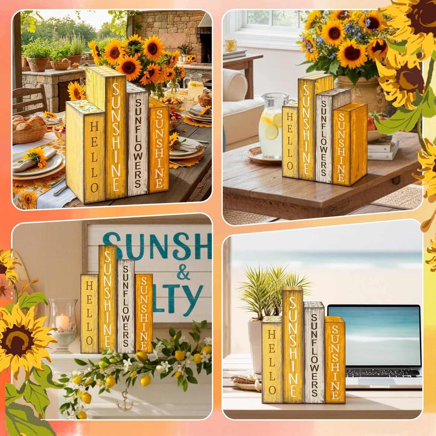 4 Pcs Summer Table Decoration Wooden Book Sunflower Decoration Yellow and White Summer Tiered Tray Decor Wood Book Sign Farmhouse for Home Shelf Coffee Table