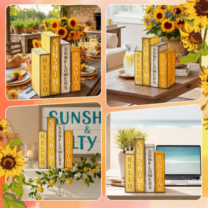 4 Pcs Summer Table Decoration Wooden Book Sunflower Decoration Yellow and White Summer Tiered Tray Decor Wood Book Sign Farmhouse for Home Shelf Coffee Table