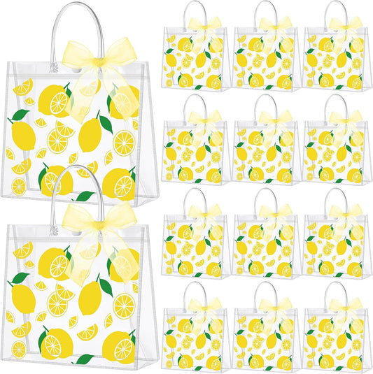 24 Pcs Clear Lemon Gift Bags with Handles Bulk Summer Fruit Candy Treat Goodie Tote Bags Reusable PVC Lemon Pouches for Wedding Birthday Baby Shower Party Supplies