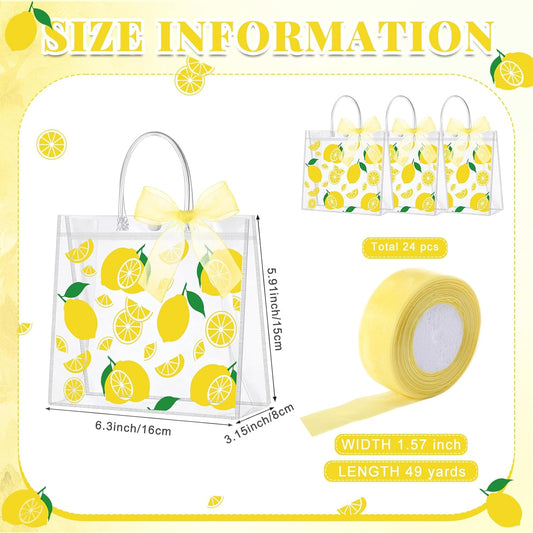 24 Pcs Clear Lemon Gift Bags with Handles Bulk Summer Fruit Candy Treat Goodie Tote Bags Reusable PVC Lemon Pouches for Wedding Birthday Baby Shower Party Supplies