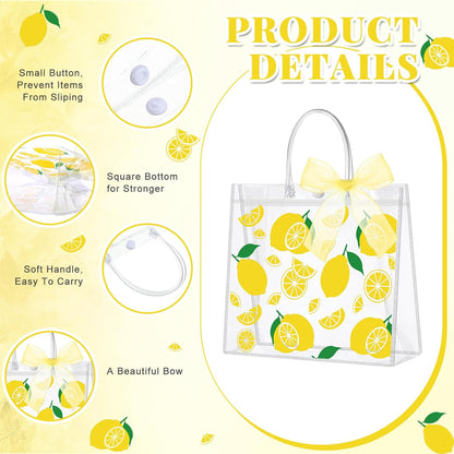 24 Pcs Clear Lemon Gift Bags with Handles Bulk Summer Fruit Candy Treat Goodie Tote Bags Reusable PVC Lemon Pouches for Wedding Birthday Baby Shower Party Supplies