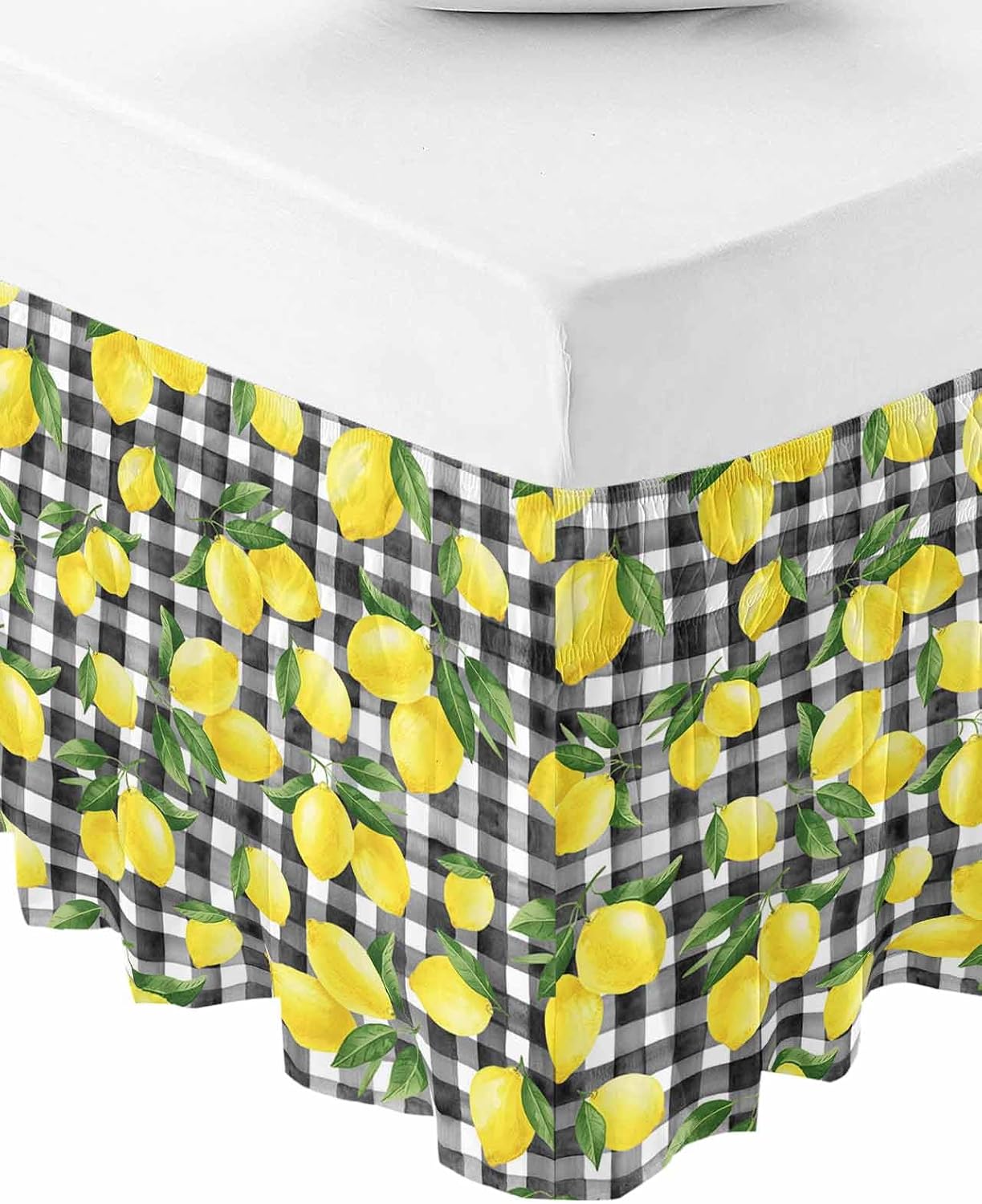 Yellow Lemons Bed Skirt Queen Size 16 Inch Drop, Adjustable Elastic Wrap Around Bed Skirts Easy Fitting Dust Ruffle Bedskirt Bed Frame Cover Summer Fruits Leaves Black White Buffalo Plaid