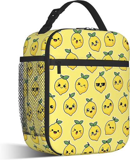 Cartoon Lemon Lunch Bag for Kids,Yellow Insulated Lunch Box for Women, Large Capacity with Mutiple Pockets Gilrs Boys School Thermal Bag for Work,Picnic,Hiking