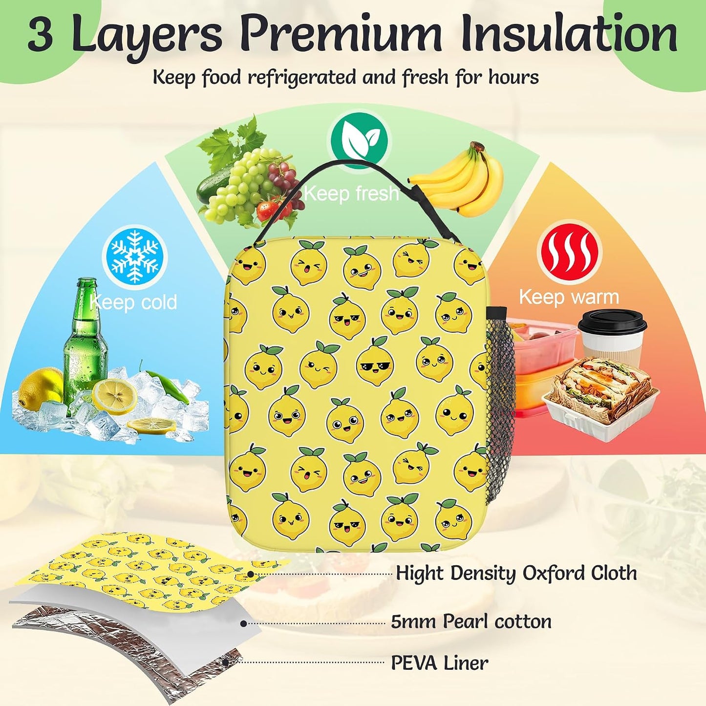 Cartoon Lemon Lunch Bag for Kids,Yellow Insulated Lunch Box for Women, Large Capacity with Mutiple Pockets Gilrs Boys School Thermal Bag for Work,Picnic,Hiking