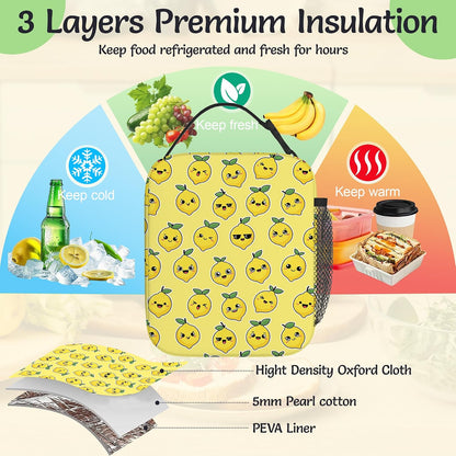 Cartoon Lemon Lunch Bag for Kids,Yellow Insulated Lunch Box for Women, Large Capacity with Mutiple Pockets Gilrs Boys School Thermal Bag for Work,Picnic,Hiking