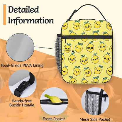 Cartoon Lemon Lunch Bag for Kids,Yellow Insulated Lunch Box for Women, Large Capacity with Mutiple Pockets Gilrs Boys School Thermal Bag for Work,Picnic,Hiking