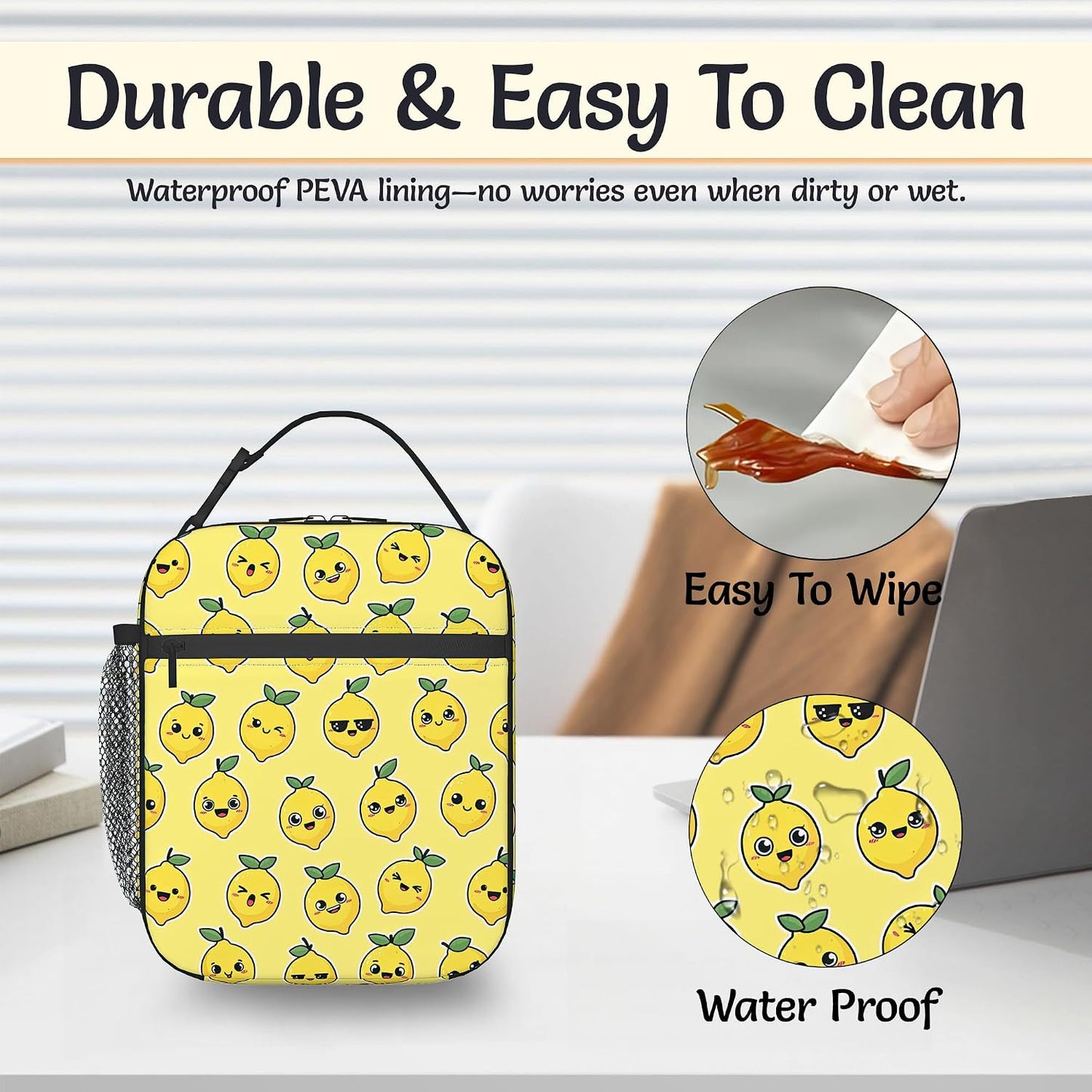Cartoon Lemon Lunch Bag for Kids,Yellow Insulated Lunch Box for Women, Large Capacity with Mutiple Pockets Gilrs Boys School Thermal Bag for Work,Picnic,Hiking