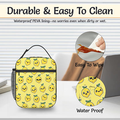 Cartoon Lemon Lunch Bag for Kids,Yellow Insulated Lunch Box for Women, Large Capacity with Mutiple Pockets Gilrs Boys School Thermal Bag for Work,Picnic,Hiking