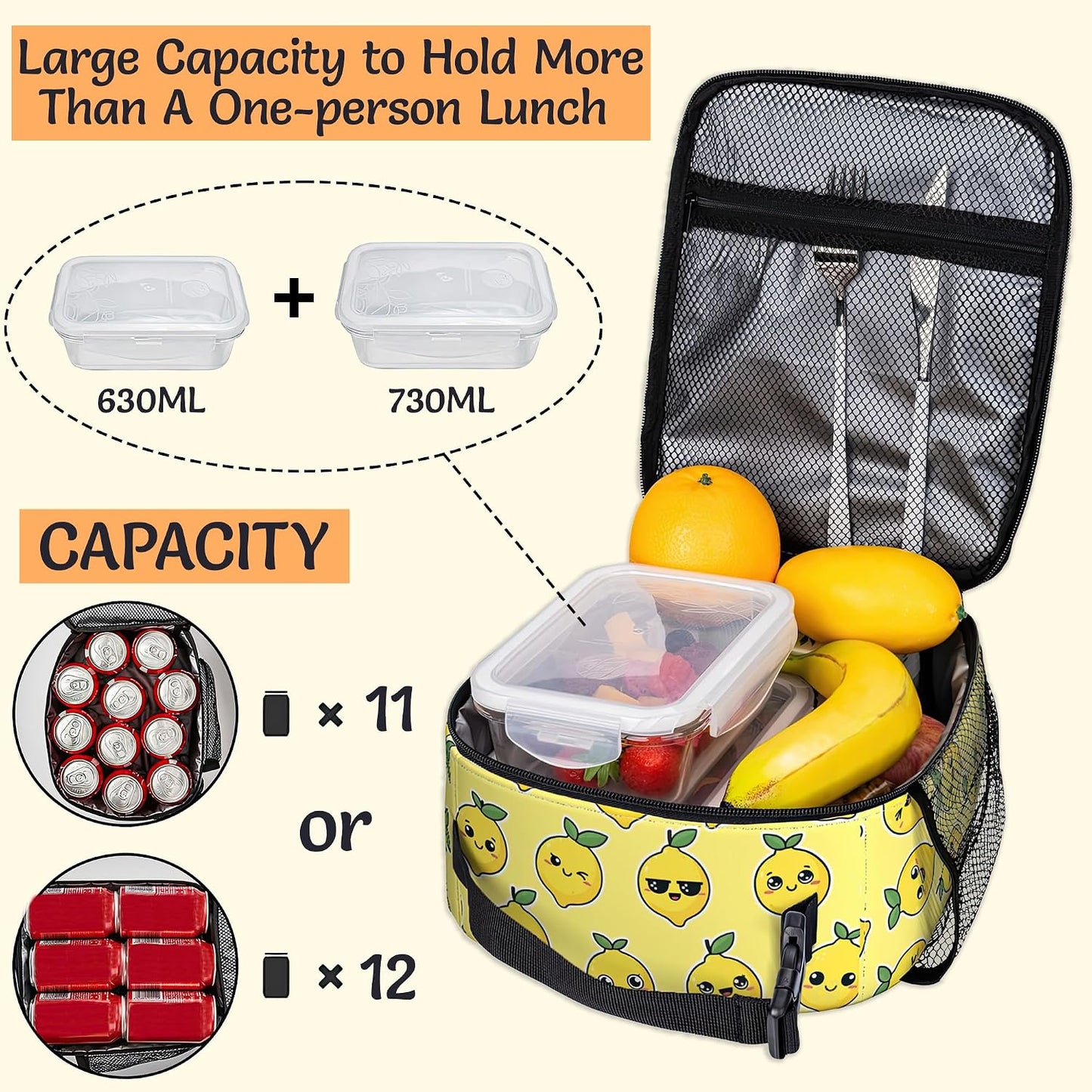 Cartoon Lemon Lunch Bag for Kids,Yellow Insulated Lunch Box for Women, Large Capacity with Mutiple Pockets Gilrs Boys School Thermal Bag for Work,Picnic,Hiking