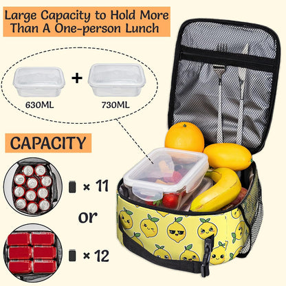 Cartoon Lemon Lunch Bag for Kids,Yellow Insulated Lunch Box for Women, Large Capacity with Mutiple Pockets Gilrs Boys School Thermal Bag for Work,Picnic,Hiking