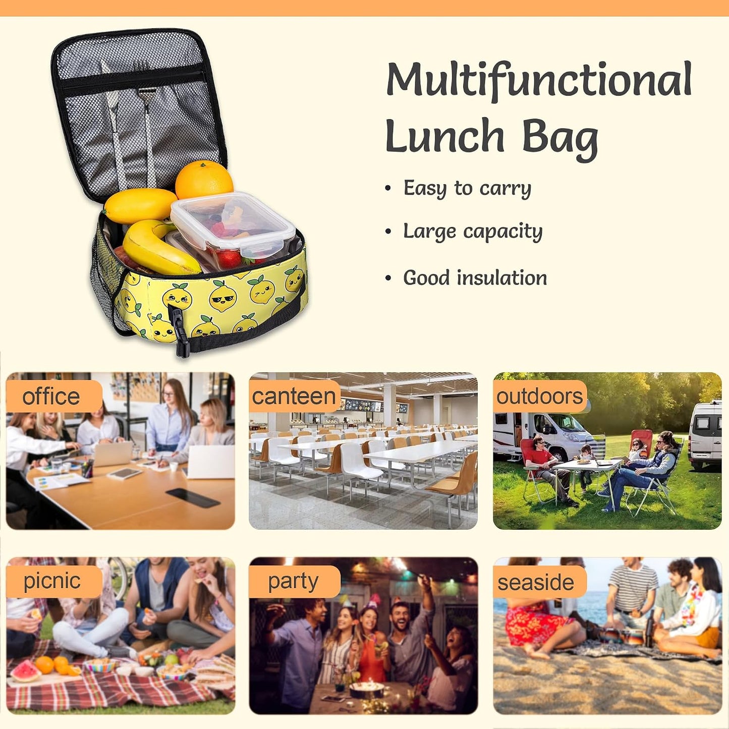 Cartoon Lemon Lunch Bag for Kids,Yellow Insulated Lunch Box for Women, Large Capacity with Mutiple Pockets Gilrs Boys School Thermal Bag for Work,Picnic,Hiking