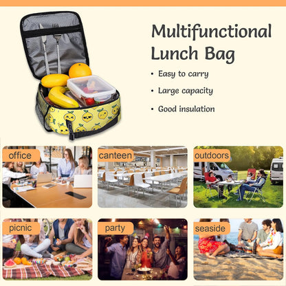 Cartoon Lemon Lunch Bag for Kids,Yellow Insulated Lunch Box for Women, Large Capacity with Mutiple Pockets Gilrs Boys School Thermal Bag for Work,Picnic,Hiking