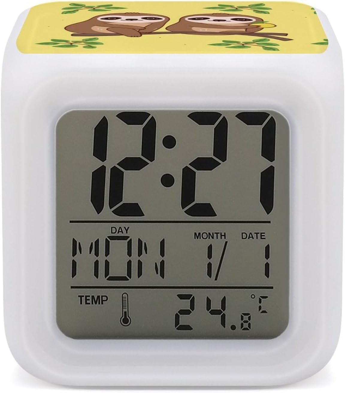 Cube Alarm Clock Creative 7 Colour LED Digital Clock with Temperature | Cute Sloths on Yellow Lemons Bedside Electronic Clock Battery Operated Mute Luminous Alarm Clock Adjustable Light
