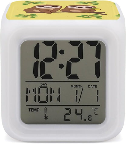 Cube Alarm Clock Creative 7 Colour LED Digital Clock with Temperature | Cute Sloths on Yellow Lemons Bedside Electronic Clock Battery Operated Mute Luminous Alarm Clock Adjustable Light