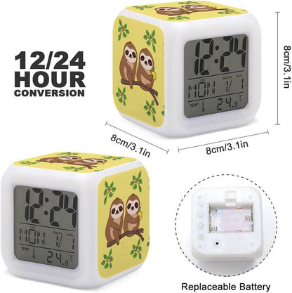Cube Alarm Clock Creative 7 Colour LED Digital Clock with Temperature | Cute Sloths on Yellow Lemons Bedside Electronic Clock Battery Operated Mute Luminous Alarm Clock Adjustable Light