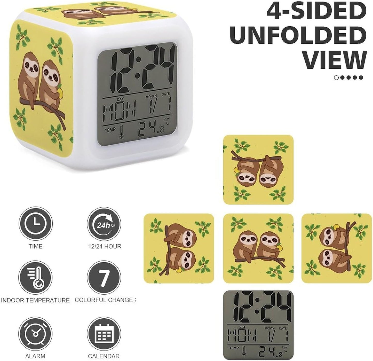 Cube Alarm Clock Creative 7 Colour LED Digital Clock with Temperature | Cute Sloths on Yellow Lemons Bedside Electronic Clock Battery Operated Mute Luminous Alarm Clock Adjustable Light
