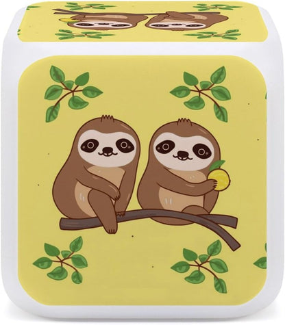 Cube Alarm Clock Creative 7 Colour LED Digital Clock with Temperature | Cute Sloths on Yellow Lemons Bedside Electronic Clock Battery Operated Mute Luminous Alarm Clock Adjustable Light
