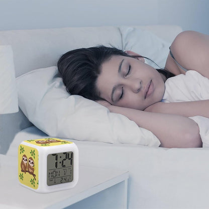 Cube Alarm Clock Creative 7 Colour LED Digital Clock with Temperature | Cute Sloths on Yellow Lemons Bedside Electronic Clock Battery Operated Mute Luminous Alarm Clock Adjustable Light