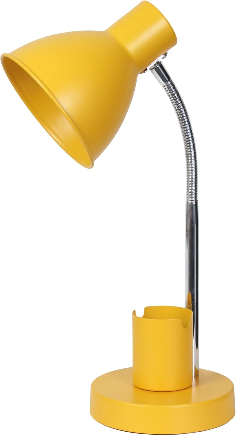 LD1076-YLW 16.22" Sleek Essentials Adjustable Metal Desk Task Lamp with Organizer Compartment, for Office, Desk, Nightstand, Dorm, Yellow