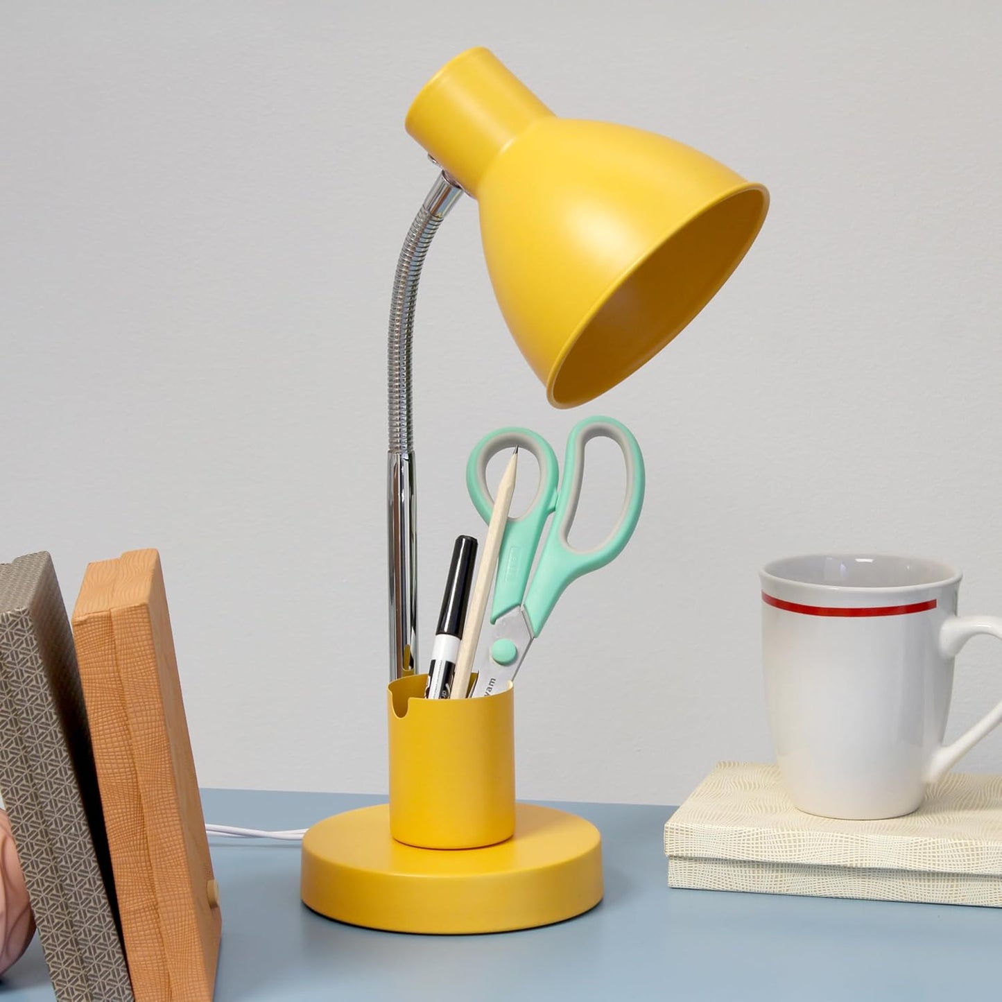 LD1076-YLW 16.22" Sleek Essentials Adjustable Metal Desk Task Lamp with Organizer Compartment, for Office, Desk, Nightstand, Dorm, Yellow