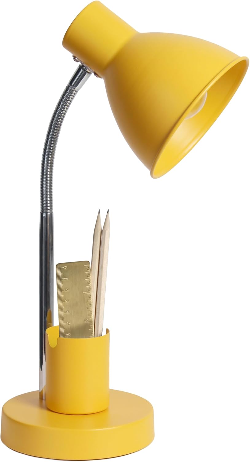LD1076-YLW 16.22" Sleek Essentials Adjustable Metal Desk Task Lamp with Organizer Compartment, for Office, Desk, Nightstand, Dorm, Yellow
