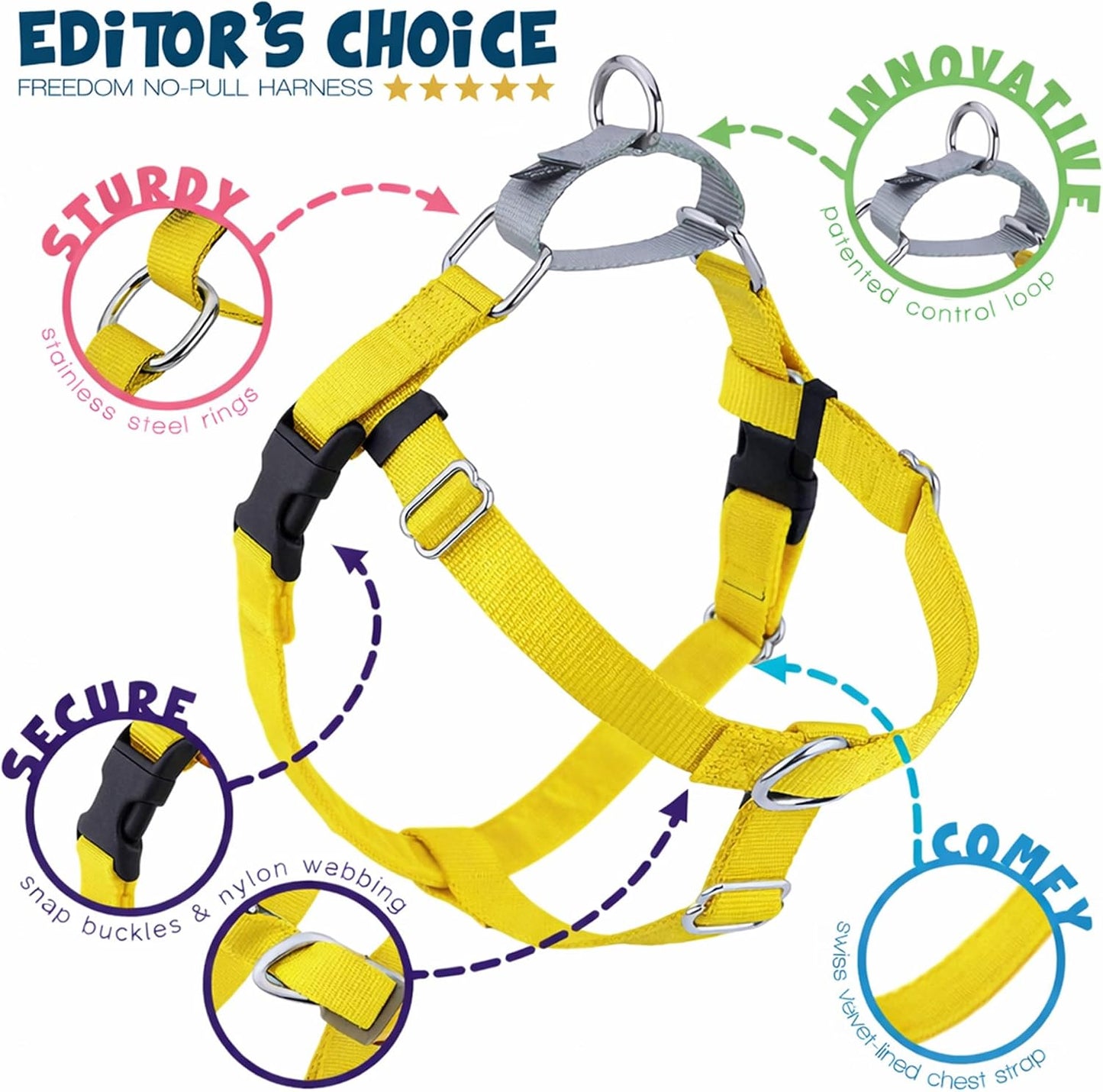 Freedom No Pull Dog Harness, Adjustable Harness and Leash Set, Easy Walking & Comfortable Control, Fits Small, Medium & Large Dogs, Solid Colors, Made in USA, 1" LG, Yellow