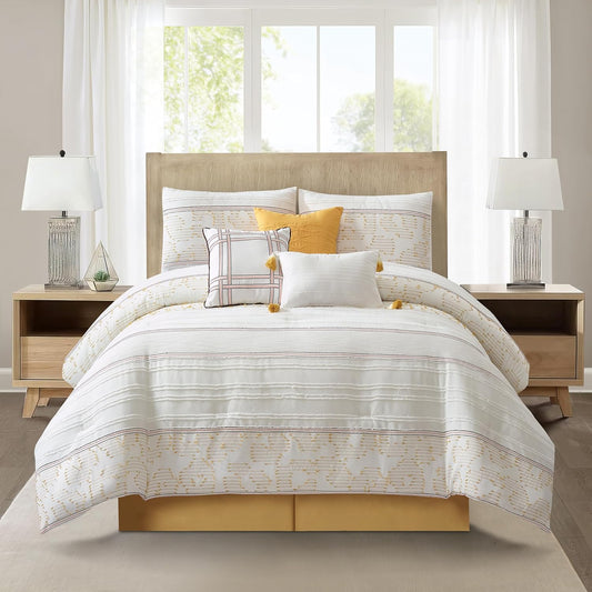 White Yellow Jacquard Comforter Set King Size, 7 Piece Striped Bedding Set, All Season Home Decor, Matching Pillow Shams, Bedskirt, Decorative Pillows