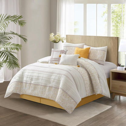 White Yellow Jacquard Comforter Set King Size, 7 Piece Striped Bedding Set, All Season Home Decor, Matching Pillow Shams, Bedskirt, Decorative Pillows