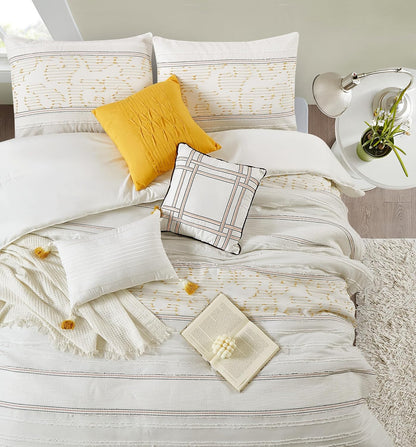 White Yellow Jacquard Comforter Set King Size, 7 Piece Striped Bedding Set, All Season Home Decor, Matching Pillow Shams, Bedskirt, Decorative Pillows