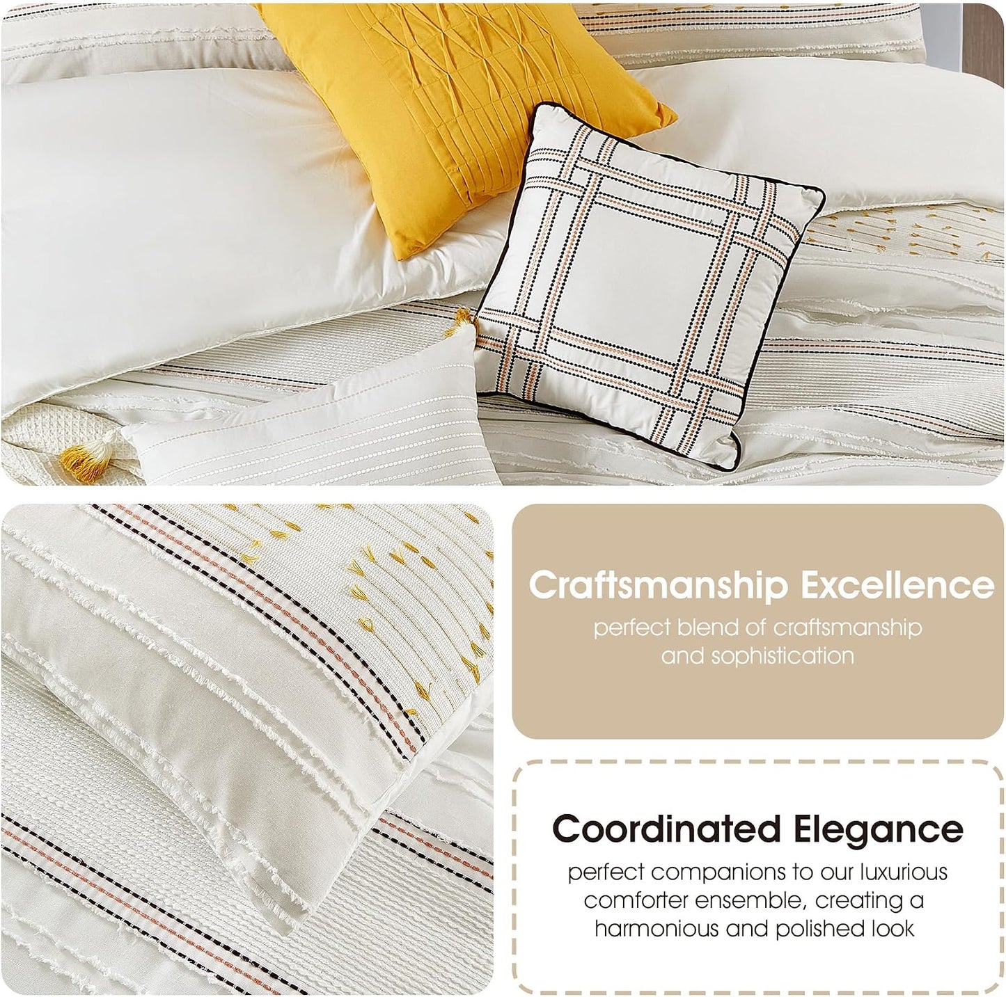White Yellow Jacquard Comforter Set King Size, 7 Piece Striped Bedding Set, All Season Home Decor, Matching Pillow Shams, Bedskirt, Decorative Pillows