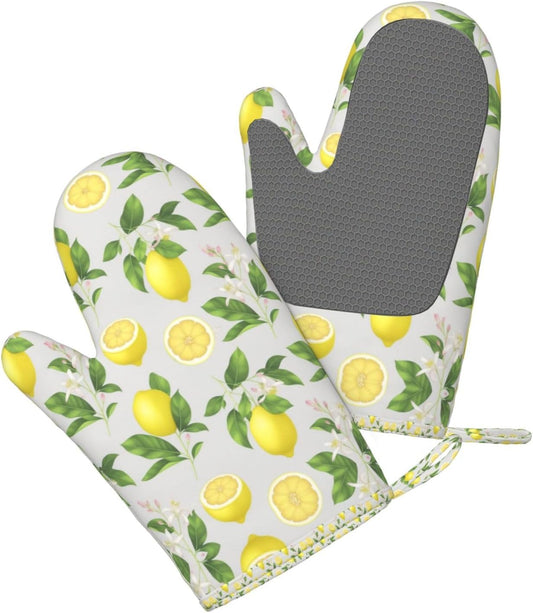 Yellow Lemon Print Oven Mitts Set Rustic Farmhouse Fruit Eco - Friendly & Safe Hand Gloves Mitts with Quilted Liner Green Silicone Surface Kitchen Microwave Gloves