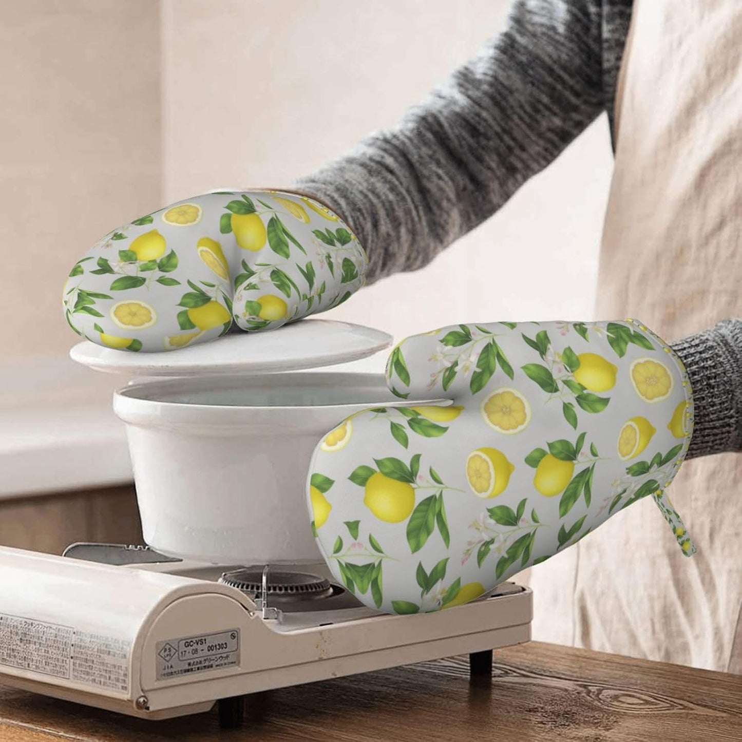 Yellow Lemon Print Oven Mitts Set Rustic Farmhouse Fruit Eco - Friendly & Safe Hand Gloves Mitts with Quilted Liner Green Silicone Surface Kitchen Microwave Gloves