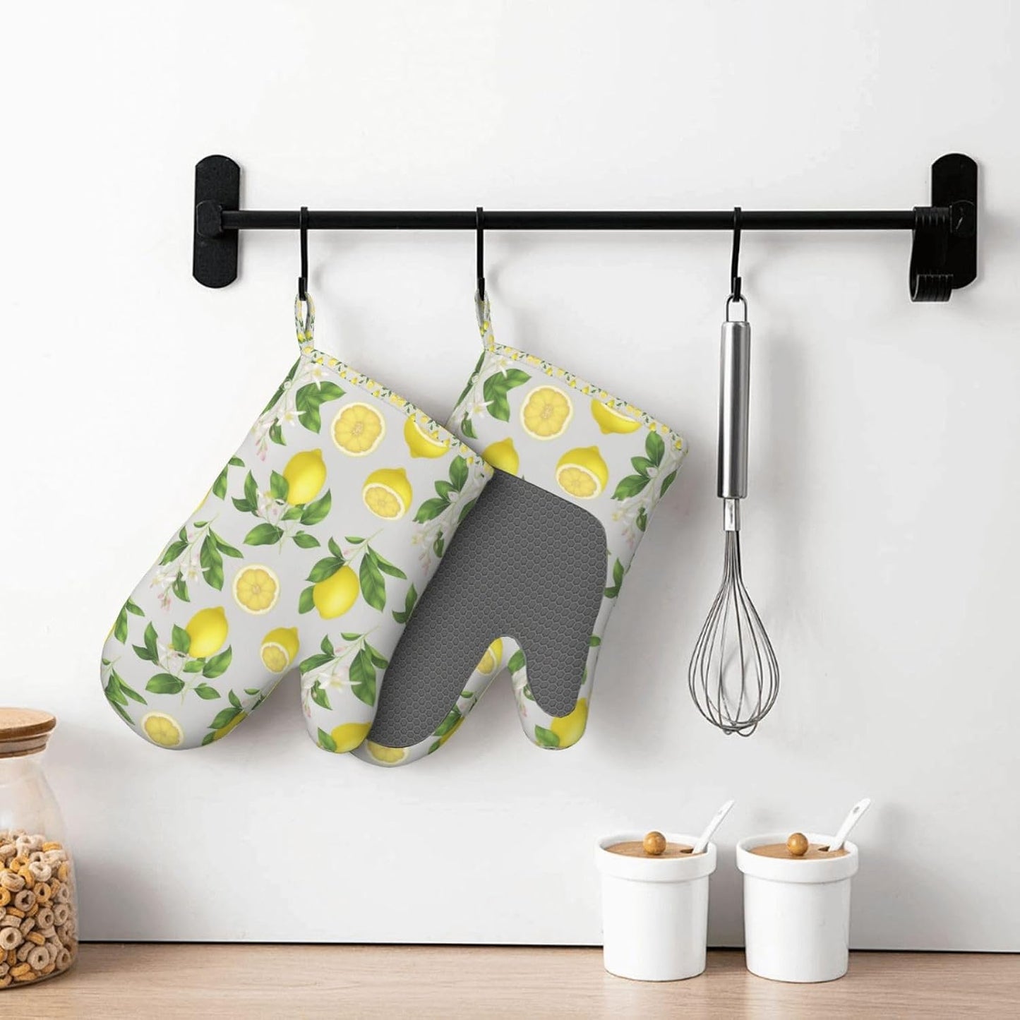 Yellow Lemon Print Oven Mitts Set Rustic Farmhouse Fruit Eco - Friendly & Safe Hand Gloves Mitts with Quilted Liner Green Silicone Surface Kitchen Microwave Gloves