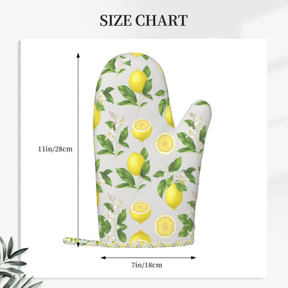 Yellow Lemon Print Oven Mitts Set Rustic Farmhouse Fruit Eco - Friendly & Safe Hand Gloves Mitts with Quilted Liner Green Silicone Surface Kitchen Microwave Gloves