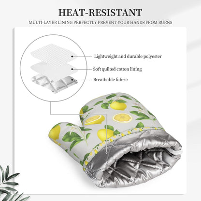 Yellow Lemon Print Oven Mitts Set Rustic Farmhouse Fruit Eco - Friendly & Safe Hand Gloves Mitts with Quilted Liner Green Silicone Surface Kitchen Microwave Gloves
